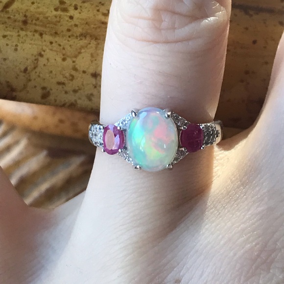 Natural Ethiopian Opal Ruby Sterling Silver Ring - Picture 1 of 8